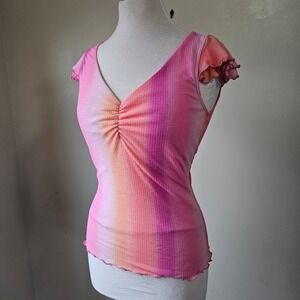 Vintage Y2K Wild Cat Ombre Ruched V Neck Cap Sleeve Lettuce Hem Top Womens L